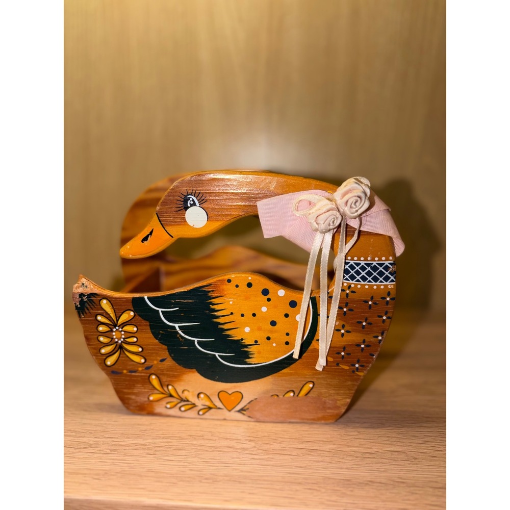 Vintage Hand Painted Wooden Duck Caddy Napkin Holder Folk Art Cottagecore